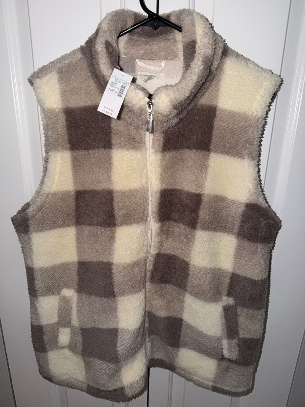 Maurices Cozy Checkered Sherpa Vest in Cream and Taupe